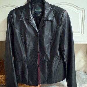 Danier Dark Leather Jacket with Burgundy Accent